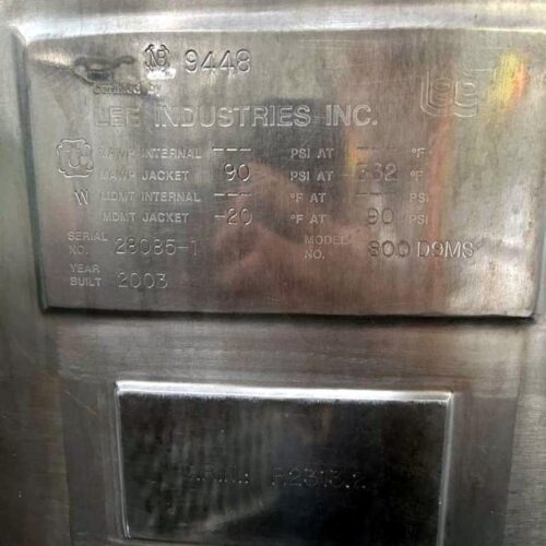 800 Gallon Lee Industries Model 800D9MS Jacketed Stainless Steel Double Motion Agitated Kettle