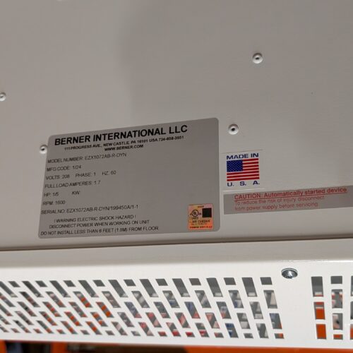 UNUSED Berner International Model EZX1072ABRDYN (series CLC08) 6-Foot-Long Low Profile Air Curtain