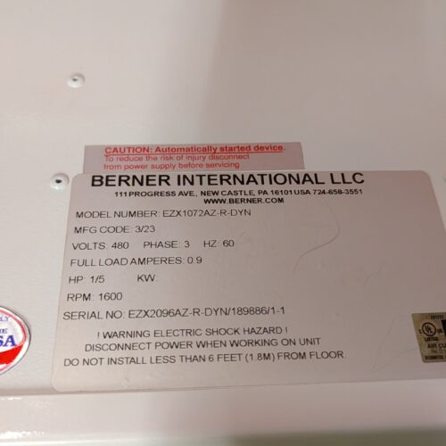 UNUSED Berner International Model EZX1072AZRDYN  6-Foot-Long Low Profile Air Curtain