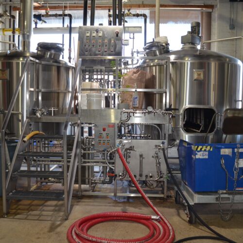 Marks 20 BBL Stainless Steel (2) Vessel Brewhouse System with (2) Centrifugal Pumps, Heat Exchanger, Controls, Pipe Manifold, Operator Platform