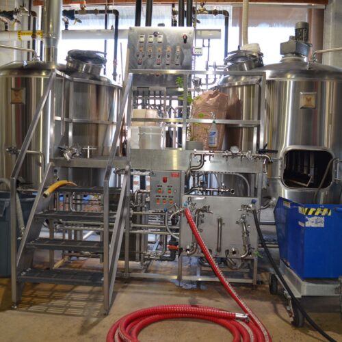 Marks 20 BBL Stainless Steel (2) Vessel Brewhouse System with (2) Centrifugal Pumps, Heat Exchanger, Controls, Pipe Manifold, Operator Platform