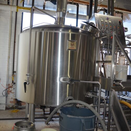 Marks 20 BBL Stainless Steel (2) Vessel Brewhouse System with (2) Centrifugal Pumps, Heat Exchanger, Controls, Pipe Manifold, Operator Platform