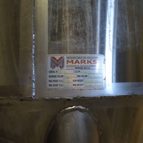 Marks 40 BBL Stainless Steel Vertical Jacketed Cone Bottom Fermentation Tank