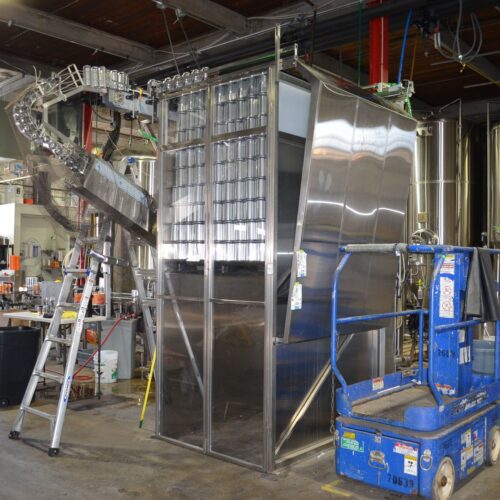 Alpha Brewing Operations Stainless Steel Can Depalletizer with Top Mounted Conveyor and Twisting Can Inverter and Can Risner