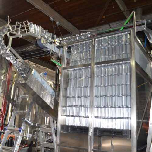 Alpha Brewing Operations Stainless Steel Can Depalletizer with Top Mounted Conveyor and Twisting Can Inverter and Can Risner