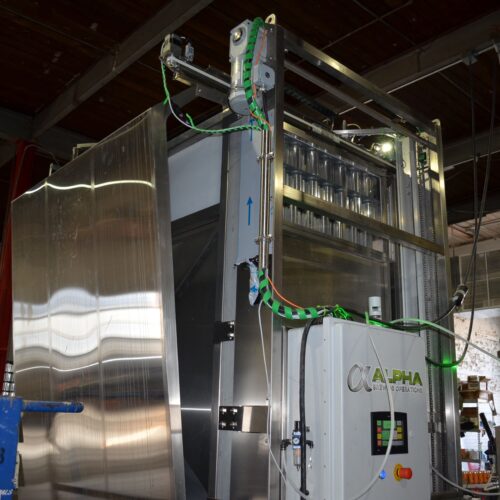 Alpha Brewing Operations Stainless Steel Can Depalletizer with Top Mounted Conveyor and Twisting Can Inverter and Can Risner
