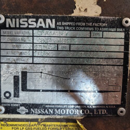 Nissan Optimum 35 CPJ01A18PV Forklift 2,750 Lbs. Maximum Capacity