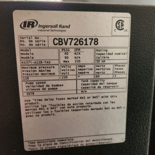 Ingersoll Rand RS 37i A118-TAS Air Compressor 50 HP