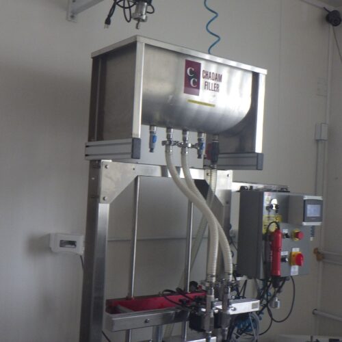 Chadam S/S (2) Head Inline Gravity Fed Filler with Manual Screw Capper and Digital HMI Controls