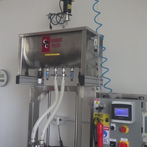 Chadam S/S (2) Head Inline Gravity Fed Filler with Manual Screw Capper and Digital HMI Controls