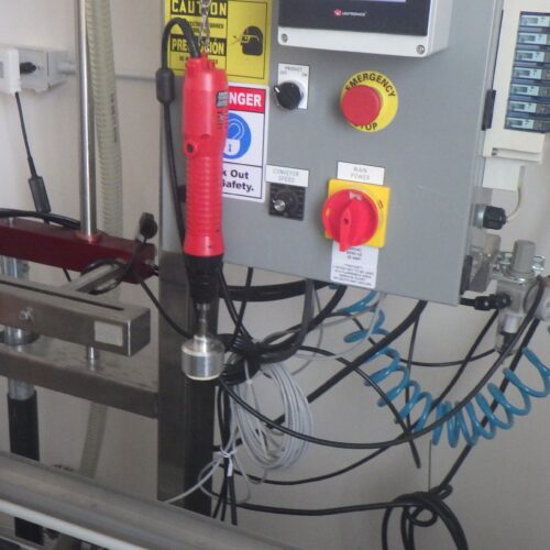 Chadam S/S (2) Head Inline Gravity Fed Filler with Manual Screw Capper and Digital HMI Controls
