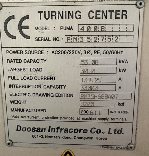 Doosan Model Puma 400B CNC Turning Center Heavy Duty Lathe with 12‑Station Turret