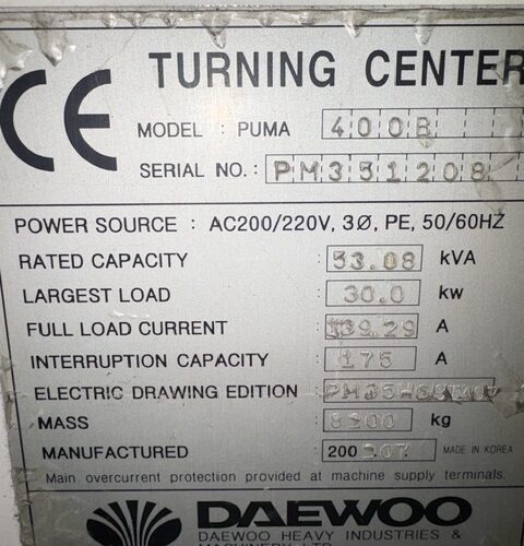 Daewoo Model Puma 400B CNC Turning Center Heavy Duty Lathe with 12‑Station Turret